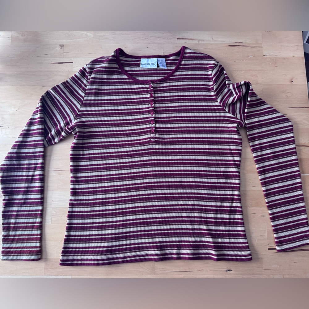 Vintage Fashion Bug Womens Long Sleeve Stripped Shirt Burgundy and Cream Stripes